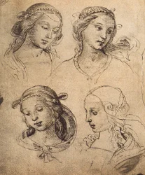 Négy női arc tanulmánya; Raffaello rajza. Gallerie dell